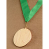 large wooden medal with neck ribbon