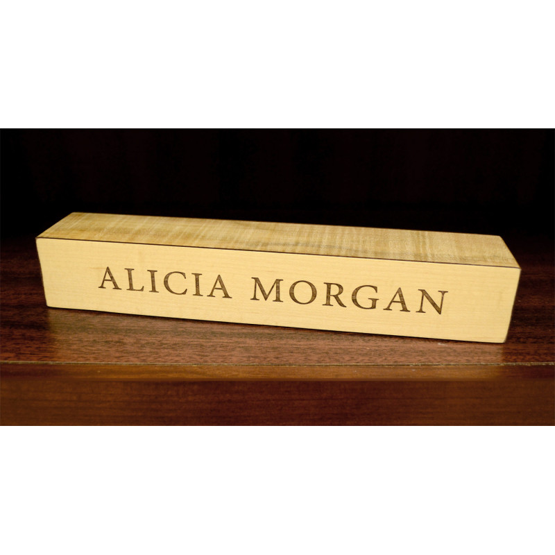 curly maple desk nameplate with walnut lettering