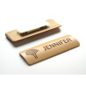 Bamboo name badge with custom engraving and walnut dye
